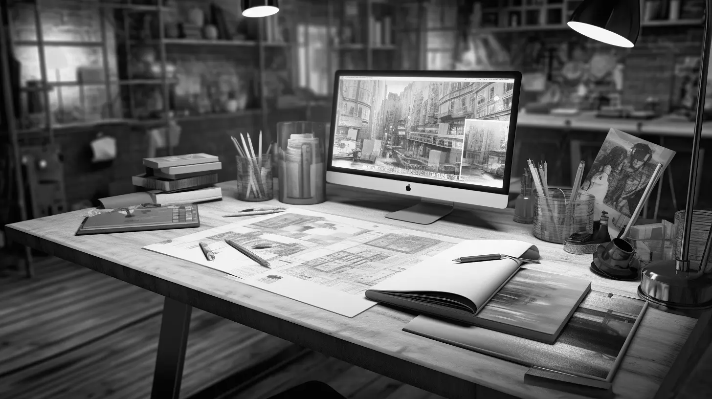 desk with computer and design tools